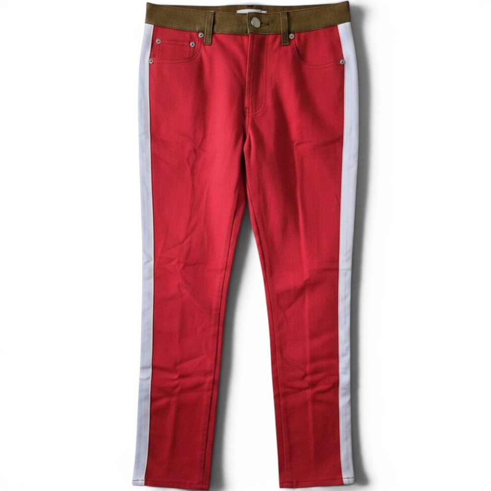 Burberry Jeans Womens 28 WRUNWAY0180 Red Side Stripe Leather Trim Italy NEW